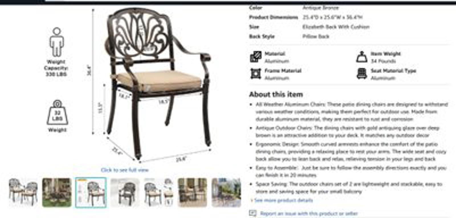 Set of 2 Outdoor Aluminum Dining Chairs with Cushion, Bronze